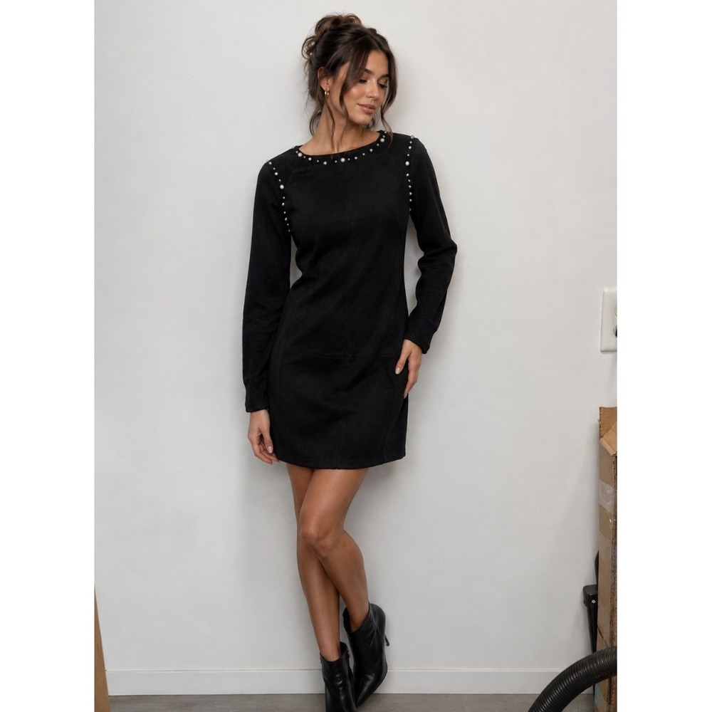 Sofia Italy Black Faux Suede Pearl Studded Long Sleeve Mini Shift Dress